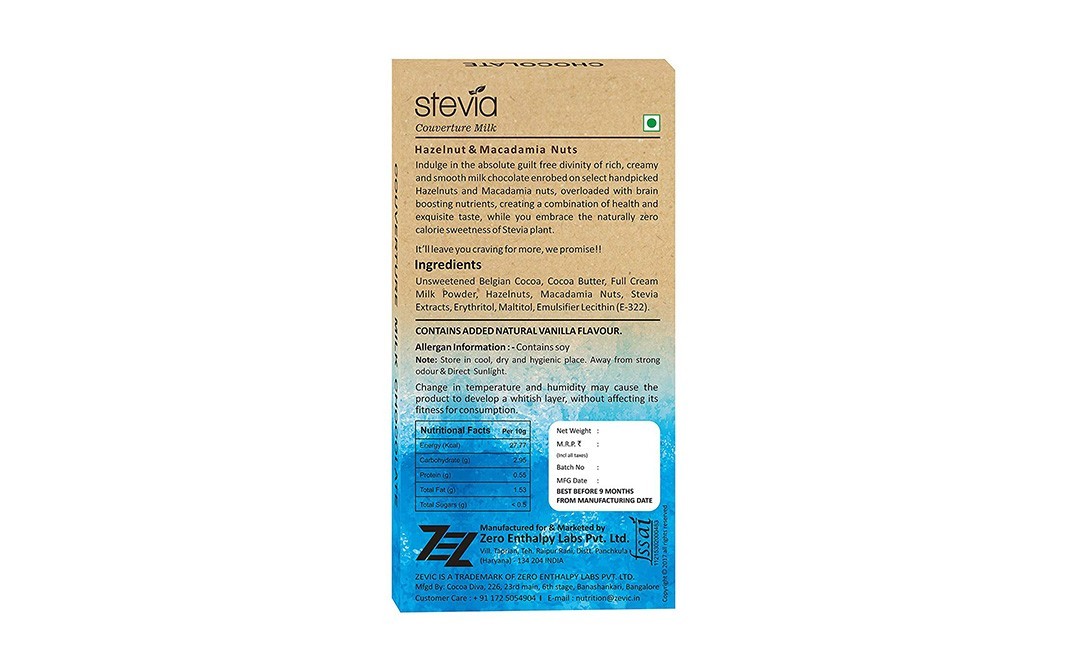 Zevic Stevia Couverture Milk Chocolate - Exotic Nuts, Belgian Cocoa   Box  90 grams